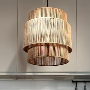 Flat Raffia Pendant Light | Handmade Boho Ceiling Lamp | Natural Woven Hanging Light for Living Room, Bedroom or Dining Room, dining pendant