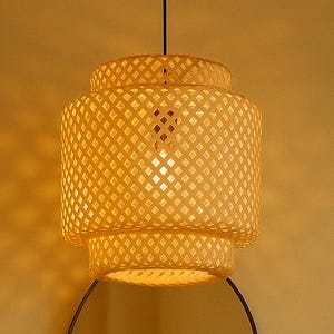 Bamboo Rattan Pendant Light | Woven Lattice Lampshade | Japandi Boho Ceiling Light for Bedroom, Dining Table, or Living Room
