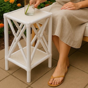 White Rattan Side Table | Narrow Bamboo Bedside Table | Modern Boho Nightstand | Minimal Cane End Table | Handmade Entryway Table