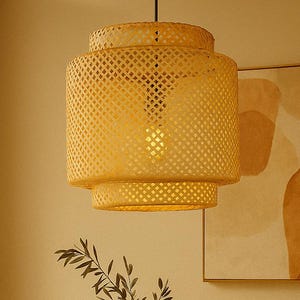 Bamboo Rattan Pendant Light | Woven Lattice Lampshade | Japandi Boho Ceiling Light for Bedroom, Dining Table, or Living Room