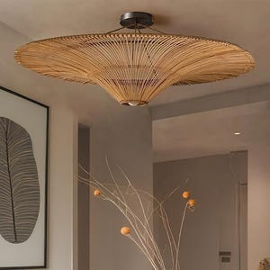 Handmade Bamboo Rattan Pendant Light – Boho Farmhouse Ceiling Lamp, Eco-Friendly Wicker lampshade, Natural Cane Hanging Light