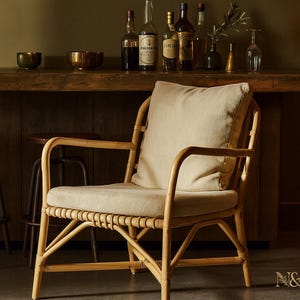 Sillón de ratán natural / Sillón decorativo de bambú tejido a mano / Sillón bohemio para interior y exterior con cojines / Asientos ecológicos de estilo costero para sala de estar
