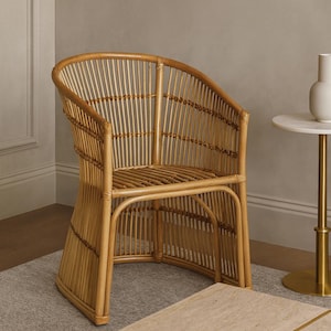 Curved Bamboo Lounge Chair | Handwoven Rattan Garden Armchair | Indoor Outdoor Boho Cane Seating | Natural Wicker Accent Chair | Relax Chair