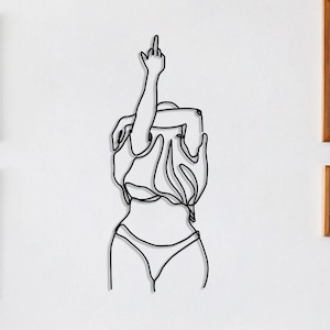 Feminine Middle Finger Metal Wall Art | Naked Woman Line Art | Strong Female Body Decor | Bold Bedroom Wall Hanging | Gift for Her