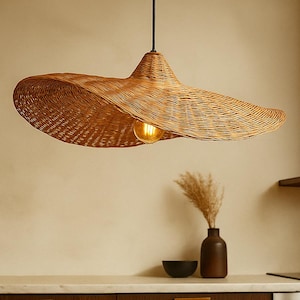 Bamboo Rattan Pendant Light | Woven Lattice Lampshade | Japandi Boho Ceiling Light for Bedroom, Dining Table, or Living Room