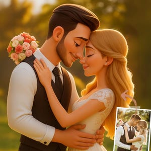Retrato de desenho animado personalizado no estilo Pixar | Arte digital personalizada de casais, famílias e animais de estimação | Presente exclusivo, presente personalizado para pessoa, presente de casamento
