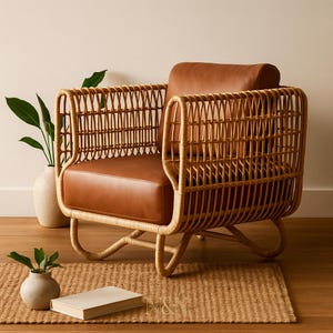 Cane Lounge Chair with Cushions | Handwoven Rattan Armchair | Boho Bamboo Accent Chair for Living Room, Patio, or Sunroom