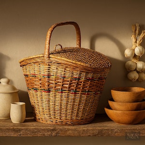 Boho Wicker Picnic Basket with Lid & Handle | Handmade Outdoor Hamper for Couples | Wedding Gift or Beach Picnic Set