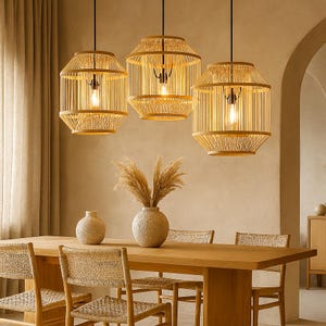 Handmade Bamboo Rattan Pendant Light – Boho Farmhouse Ceiling Lamp, Eco-Friendly Wicker lampshade, Natural Cane Hanging Light