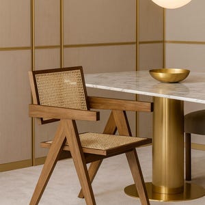 Rattan Teak Wood Dining Chair | Mid Century Cane Accent Chair | Wooden Armchair for Dining, Living, Office, Patio, Reading Nook