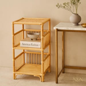 3-Tier Rattan Shelf | Bamboo Storage Table | Cane Side Table for Bathroom, Bedroom, Living Room | Natural Boho Accent Organizer
