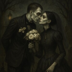 Tim Burton Style Custom Portrait- Gothic Art, Spooky Gift, Addams Style Couple | Custom Gothic Portrait: Addams Family Style Drawing