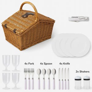 Wicker Picnic Basket with Cutlery & Plates | 4 Person Picnic Hamper Set | Large Outdoor Basket with Insulated Bag