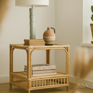 Ananya Rattan Nightstand | Small Bamboo Side Table | Boho Cane End Table | Square Wicker Accent Table | Bedside Storage Shelf |Eco Furniture