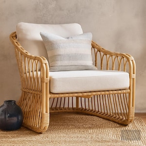 Natural Bamboo Rattan Accent Chair | Handmade Cane Lounge Chair | Boho Indoor Outdoor Patio Seating | Modern Wicker Armchair
