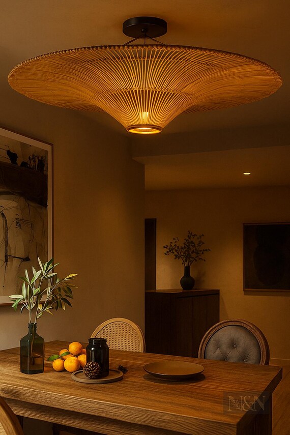 Handmade Bamboo Rattan Pendant Light – Boho Farmhouse Ceiling Lamp, Eco-Friendly Wicker lampshade, Natural Cane Hanging Light