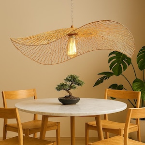 Bamboo Rattan Pendant Light | Woven Lattice Lampshade | Japandi Boho Ceiling Light for Bedroom, Dining Table, or Living Room