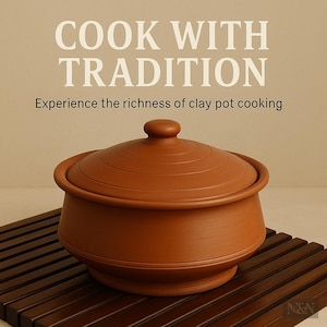 Handmade Clay Cooking Pot with Lid | Handmade Earthen Handi | Unglazed Natural Clay Kadai for Curry, Biryani | 100% Organic Cookware
