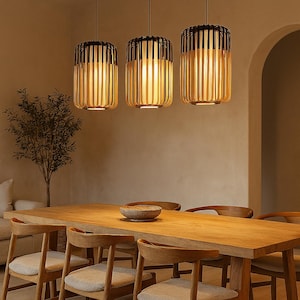 Bamboo Ceiling Pendant Lamp | Modern Handwoven Lampshade | Boho Cafe Light Fixture | Rattan Style Hanging Light | Living and Dining room