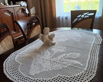 Crochet table runner with tulips. Table decoration for your home. White and classic table runner.
