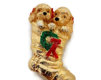 Vintage Christmas Stocking Brooch With Two Puppies - Christmas Pin