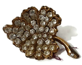 Vintage Clear Rhinestone Gold Leaf Brooch, MCM Glamorous Lapel Pin