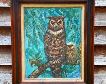 Carmen (Barr) Kress Signed Oil Painting - Large Barn Owl And Baby Owl - Missouri Artist