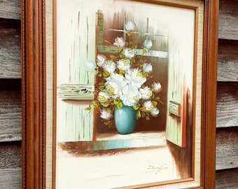 Vintage Still Life Oil Painting Signed Danny - White Roses On Windowsill - French Country