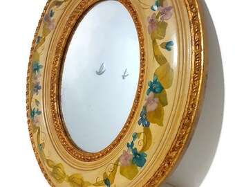 Vintage Hand Painted Oval Wall Mirror - Violets And Ribbons