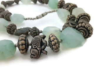 Long Strand Aqua Faceted Glass Beads And Elephant Necklace - Eclectic Statement Piece - Elephant