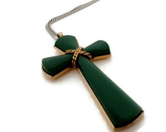 Vintage Nephrite Jade Cross - Green Crucifix Pendant Brass Wrapped
