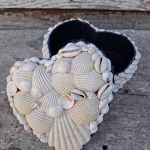 May include: Heart-shaped box decorated with various seashells. The box is open, revealing a black interior. The exterior is covered in white and cream-colored shells, creating a textured surface. The box sits on a weathered wooden surface.