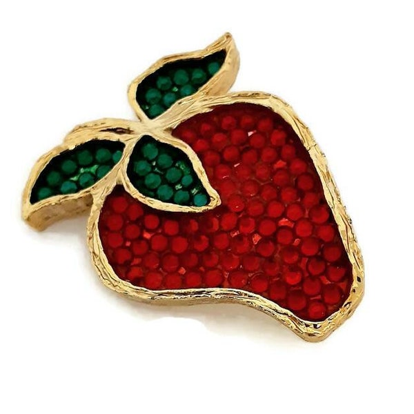 Bright Red Glitzy Strawberry Pin, Vintage Fruit Brooch,