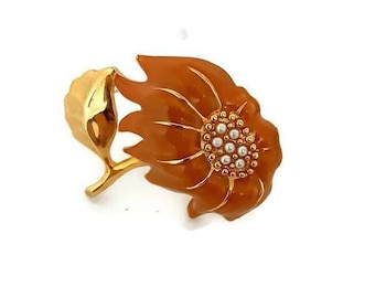 Enamel Sunflower Brooch With Faux Pearl Center - Vintage Orange Petal Flower Pin