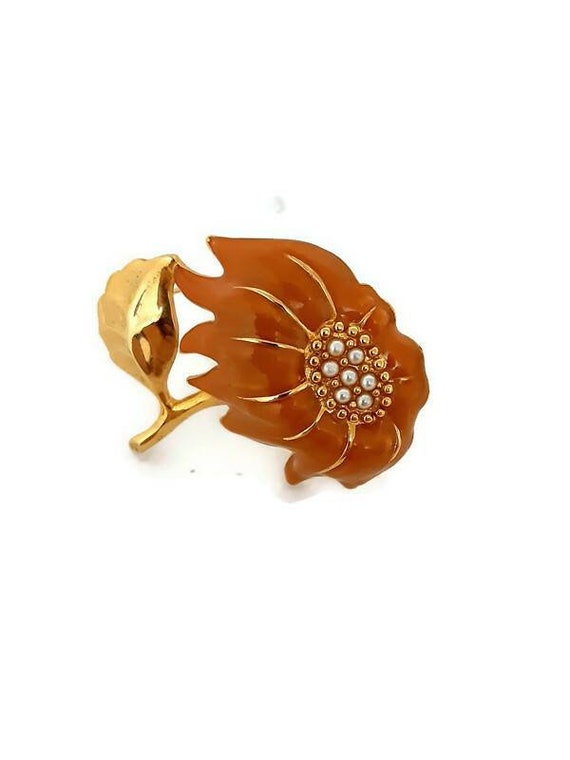 Enamel Sunflower Brooch With Faux Pearl Center - V