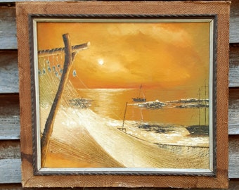 Vintage Oil On Canvas Seascape - Hammock By The Ocean - Mid Century Southern California
