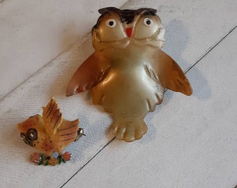 Vintage Celluloid Owl Brooch - Autumn Jewelry