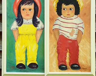 Folk Art Painting Of Children - Mid Century Signed Nomi 78 and 63 - Big Eye Kids