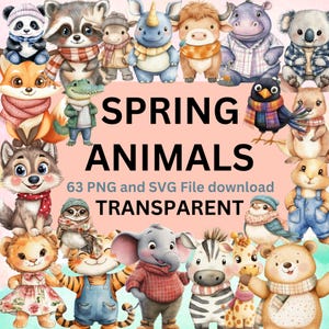 Conjunto de imágenes prediseñadas de acuarela de animales de primavera: adorables ilustraciones de conejitos, corderos, patitos y cervatillos