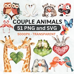 Images clipart couples d'animaux mignons - Art numérique de couples d'animaux romantiques pour la Saint-Valentin, les mariages et les anniversaires