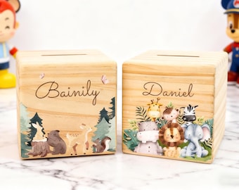 Personalized Kid Name Piggy Bank for Baby, Custom Wooden Coin Bank with Name, Coin Bank Christmas Gifts for Kid, Money Box for Baby Girl/Boy
