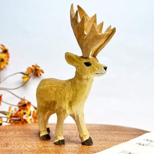 Handmade Wooden Deer Figurine Christmas Decor Gift, Adorable Wooden Figurine Deer Statue Gift, Wooden Animal Statue for Christmas Decor Gift