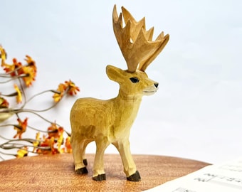 Handmade Wooden Deer Figurine Christmas Decor Gift, Adorable Wooden Figurine Deer Statue Gift, Wooden Animal Statue for Christmas Decor Gift