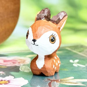 Hand Painted Wooden Deer Figurine for Bookshelf Decor, Adorable Wooden Figurine Deer Statue Gift, Handmade Wooden Deer Gift for Nature Lover