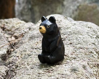 Handmade Wooden Black Bear Bookshelf Decor Ornament, Cute Wooden Bear Figurine Bear Statue Gifts, Handcrafted Wooden Animal Figurines Gifts