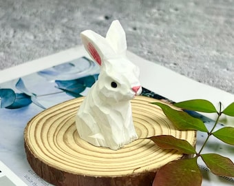 Mini Wooden Rabbit Sculpture for Easter Decor, Hand-Carved White Bunny Figurine Animal Statue for Easter Gifts, Handmade Wooden Animal Gifts