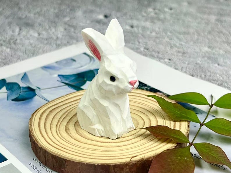 Mini Wooden Rabbit Sculpture for Easter Decor, Hand-carved White Bunny ...