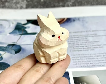 Hand-Carved Wooden Bunny Desktop Decor Ornament, Handmade Rabbit Figurine Bunny Statue for Easter Gift, Handcrafted Wooden Animal Figurines