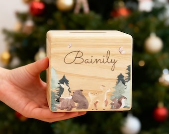 Benutzerdefinierte hölzerne Spardose mit Namen, personalisierte Wildtier-Sparschwein für Baby, Münzbank für Weihnachtsgeschenke, Spardose für Baby-Jungen