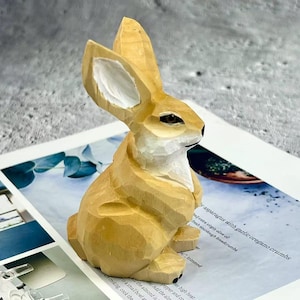 Wooden Rabbit Sculpture for Easter Decor Gift, Hand-Carved Rabbit Figurine Bunny Statue for Easter Gifts, Handcrafted Wooden Animal Ornament